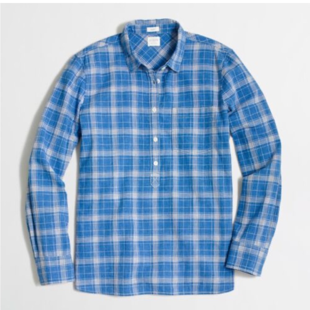 J.Crew Blue Plaid Cotton Popover Shirt Button Front Top Size S